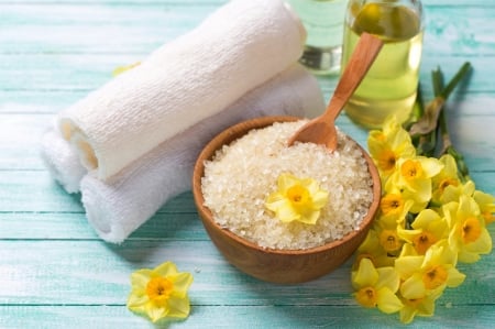 Still Life - flowers, towels, daffodils, spa