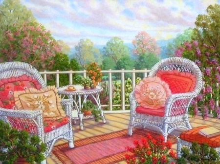 Breezy in Summer - trees, summer, attractions in dreams, paintings, chairs, flowers, nature, garden, love four seasons