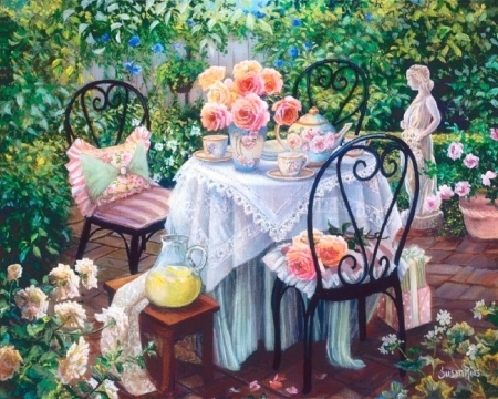 Garden Tea - roses, summer, attractions in dreams, paintings, chairs, spring, colors, flowers, nature, garden, love four seasons