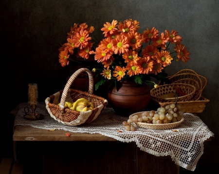 Still Life - flowers, basket, blossoms, artwork, candle, table, fruits, bouquet