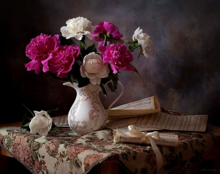 Still Life - flowers, vase, blossoms, artwork, papers