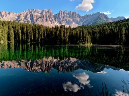 Lake Mountains - clouds, trees, wood, landscape, forest, reflection, nature, lake, mountains