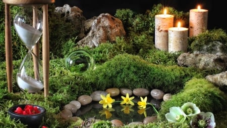 Still Life - hellebore, candles, clock, stones, moss