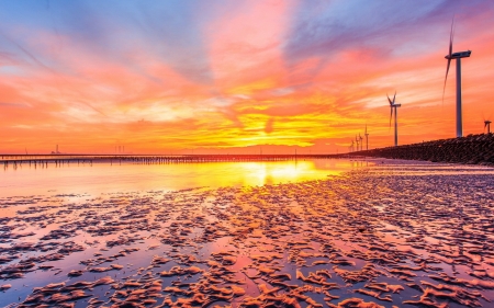 Wind Turbines - road, landscape, Wind Turbine, architecture, sand, street, nature, tech, sky