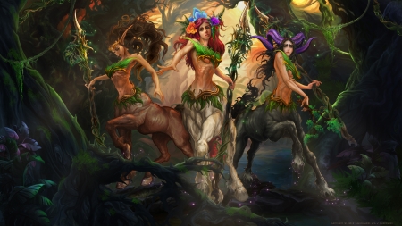 Centaur girls - woman, redhead, centaur, girl, fantasy, purple, horse, jungle, luminos, green, amazon, flower