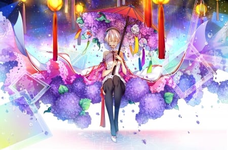 Yan He - yan he, anime, vocaloid, yellow, blue, girl, flower, kingchenxi, colorful, manga, umbrella, purple, red, hydrangea