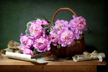 Still Life - peonies, blossoms, artwork, pink, petals, flowers, basket