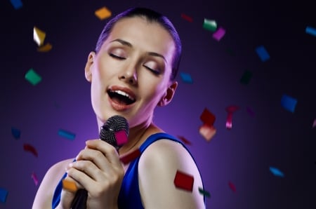 Singer - woman, girl, confetti, singer, model, face, purple, microphone, hand