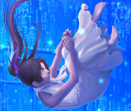 The fall - girl, white, reishin, fall, art, luminos, blue, anime, manga