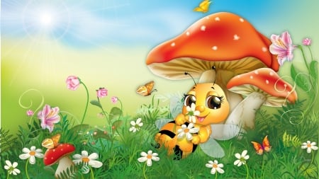 Sweet Bee - honey bee, flowers, summer, mushroom, butterflies, spring, grass, Firefox Perfsona theme