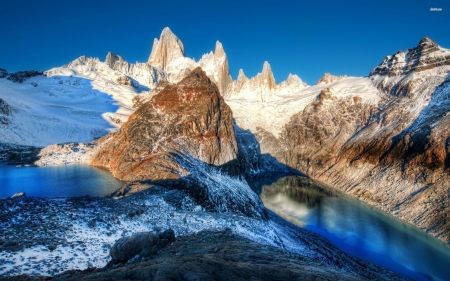 sunset light upon fitzroy - snow, river, fitzroy, mountain