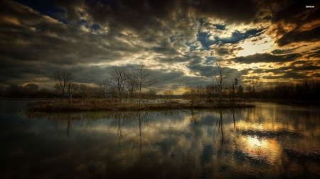 storm clouds above the lake - clouds, lake, grass, reflection