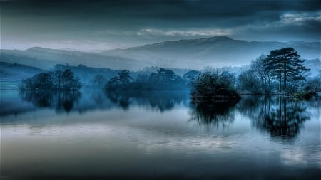 blue satin mist - lake, mountain, tree, mist