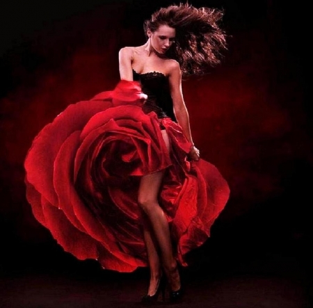 'Rose'..... - beauty, woman, dance, red dress, rose, red rose