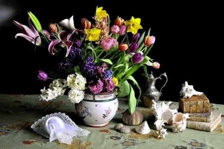 Still Life - vase, tulips, shells, books