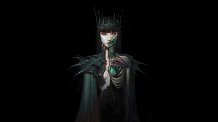 Lich Queen - adrian dadich, crown, girl, black, fantasy, lich queen, green, woman, bones