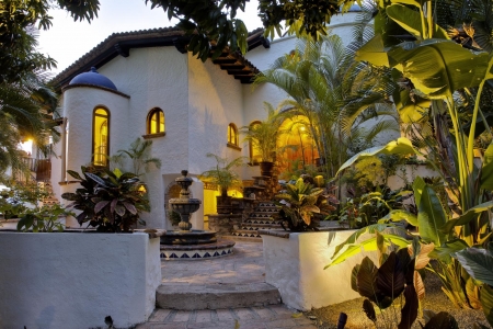 Summer Evening - house, garden, plants, light