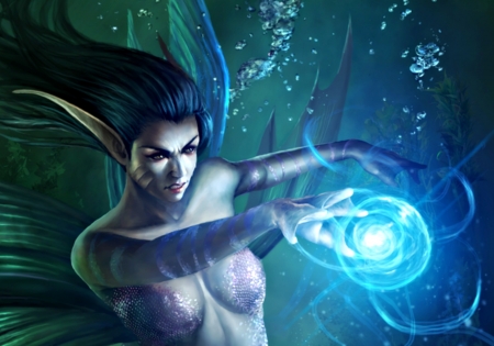 Zems Voidwielder - game, water, blue, girl, elf, fantasy, zems voidwielder, legend og the cryptids, mermaid, underwater, green, tjota, woman, magica, bubbles, luminos