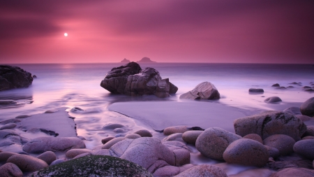 Romantic sunset - water, purple, beach, sea, ocean, sunsets, stones