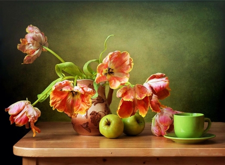 Still Life - painting, artwork, tulips, flowers, apple, cup