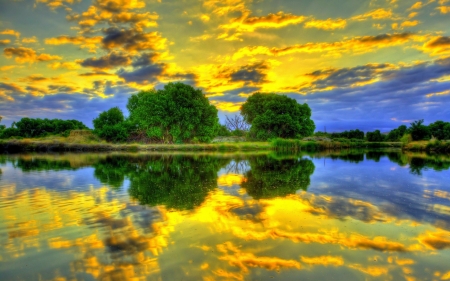 Lake in Reflection - clouds, glow, trees, nature, lake, reflection, sky