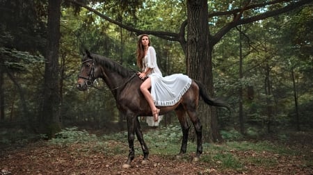 Are We Lost.. - women, fun, trees, female, boots, fashion, saddles, models, brunettes, western, barns, girls, cowgirl, style, horses, woods