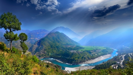 Mountain Scenery - sunrays, sunlight, river, nature, fog, mountains, light