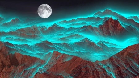 Mountain Lights - moon, fog, bright, mist, mountains, light