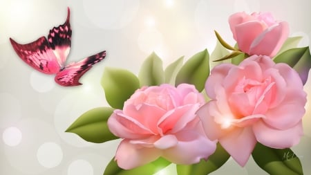 Pink on PInk - glow, bokeh, butterfly, roses, summer, pink rose, shine, spring