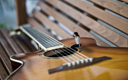 girl on the guitar - strings, bench, girl, guitar