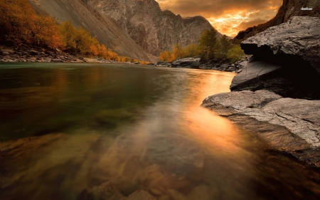 burning sunset reflection - sunset, reflection, cliff, river