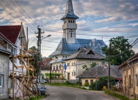 Street to the Monastery, Northern Romania - sky, ancient, houses, town, clouds, hdr