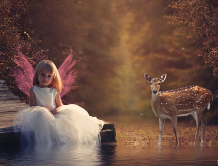 Angel - nature, deer, girl, Child, friends