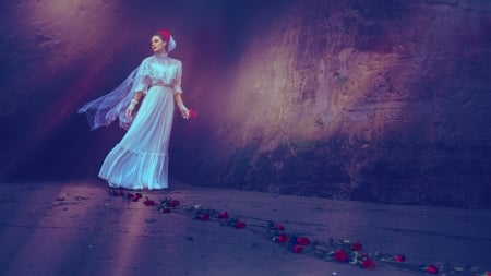 â™¥ - girl, roses, road, white dress