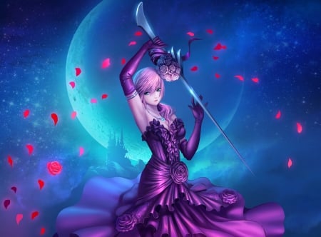 Fantasy girl - woman, rose, fantasy, purple, luminos, petals, anime, luna, sword, manga, moon, girl, final fantasy, pink, blue, flower, dress