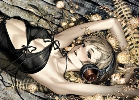 Anime girl - anime, girl, beauty, flower, frumusete, black, manga, headphones, golden, luminos