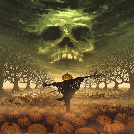 Scarecrow - fantasy, pumpkins, beautiful, scarecrow, splendor, color, pumpkin, skull