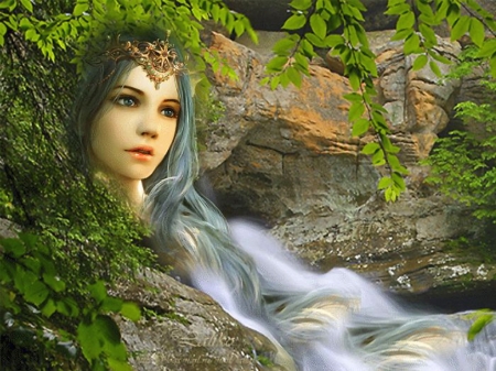 Water illusion - beautiful, splendor, girl, lovely, hair, colorful, fantasy, nature, waterfall, princess, color