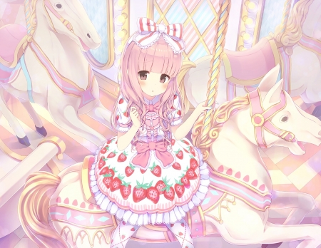 Lolita Fashion - manga, anime, strawberry, alc, girl, caroussel, horse, pink