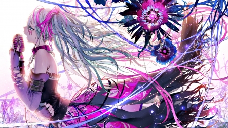 Hatsune Miku - flower, pink, vocaloid, anime, girl, tsukioka tsukiho, blue, manga, hatsune miku