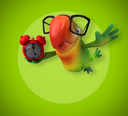 Good Morning! - clock, morning, parrot, orange, child, glasses, funny, red, green, card