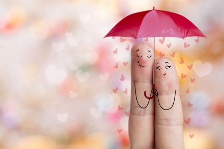 Love - red, funny, rain, cute, love, umbrella, card, valentine, heart, bokeh, fingers, couple