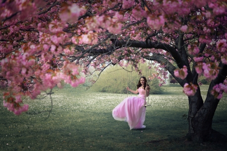 Spring - sakura, blossom, dress, girl, flower, pink, tree, swing, green, woman, model