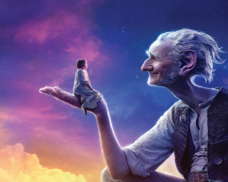 The BFG (2016) - child copil, yellow, poster, blue, the big friendly giant, girl, pink, man, fantasy, hand, movie