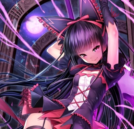 Rory Mercury - woman, beauty, sky, female, ribbons, anime girl, black hair, purple, anime, moon, lady, girl, long hair, night, lovely, beautiful, pink, dress