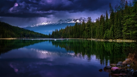 Cloudy Lake Reflection - clouds, trees, snow topped mountains, blue, forest, reflection, lake, mountains, sky