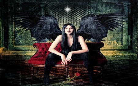 gothic angel - woman, angel, park, bench, gothic