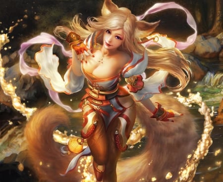 Fox Lady - pretty, female, tail, long hair, fantasy woman, abstract, beautiful, blonde hair, beauty, kimono, orange, fantasy, white, lady, woman, cute, fox ears