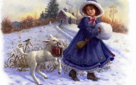 mary had a little lamb - snow, school, girl, lamb