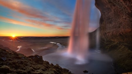 Sunrise Waterfall - landscape, sunrise, nature, waterfall